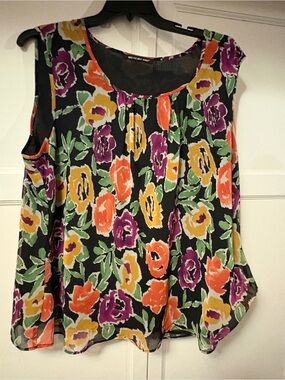 Sleeveless Floral Chiffon Blouse - Black with Orange, Purple & Yellow Flowers